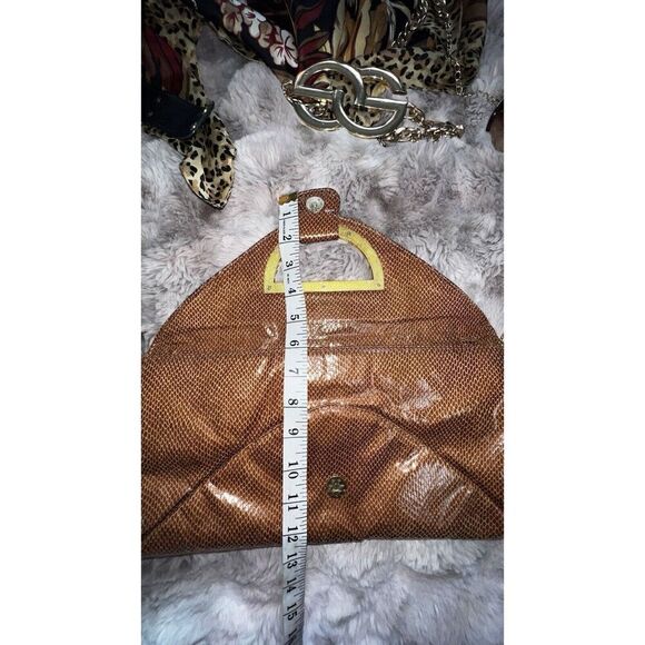 Big Buddha Faux Snakeskin Brown Clutch Oversized Gold Ornament/buckle, Purse - Picture 8 of 14